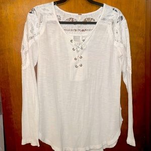 Free People White Lace Up Top Lace Frayed Hem Size S